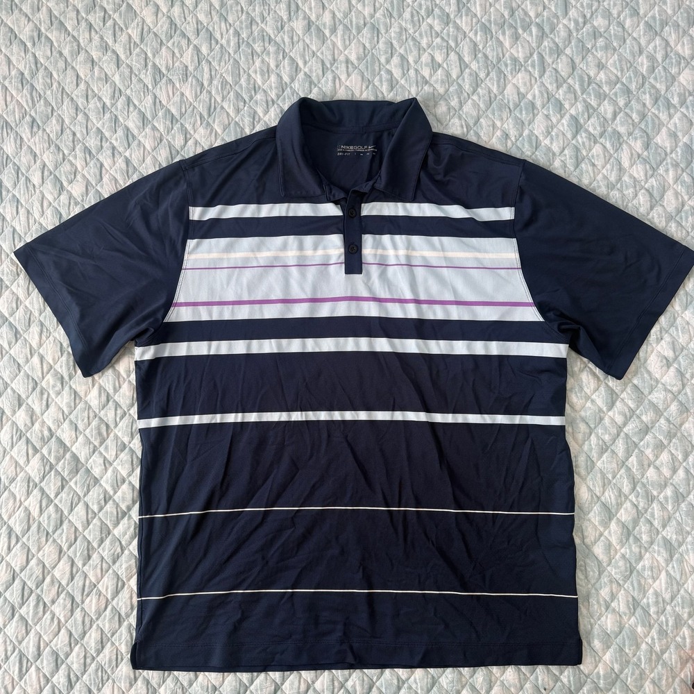 Nike Golf Dri-Fit Polo Shirt XXL Navy Blue Striped Performance Mens Athletic